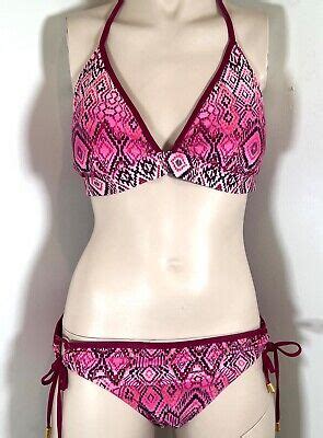 La Blanca Hot Pink Piece Bikini Set Aztec Geometric Print Halter Top