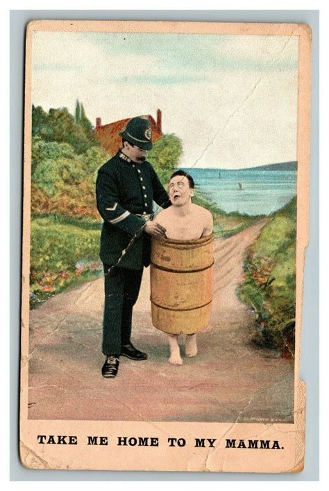 Vintage S Bamforth Comic Postcard Mama S Boy Naked In Barrel Being Arrested Topics