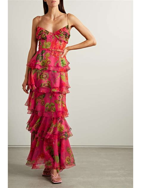 Oscar De La Renta Tiered Ruffled Floral Print Silk Chiffon Gown Net A