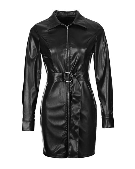 Long Sleeve Pu Leather Bodycon Dress With Belt Leather Bodycon Dress