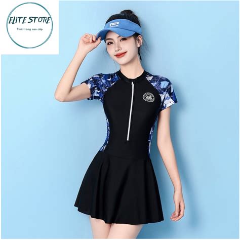 Sẵn Bikini Bộ Đồ bơi nữ áo tắm hai mảnh ngắn tay chất thun lạnh hàn quốc quần liền váy 2 lớp