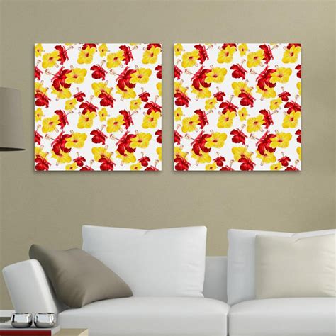 Ownta Yellow Red Gibiscus Flowers Floral Pattern 2pc Canvas Wall Art