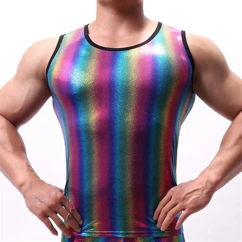 Sexy Tanks Tops For Men Rainbow Striped Bling Performance Pullover Tops Sex Latex Gay