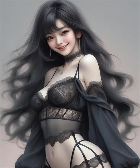 Sexy Asian Woman In Black Lingerie Premium AI Generated Image