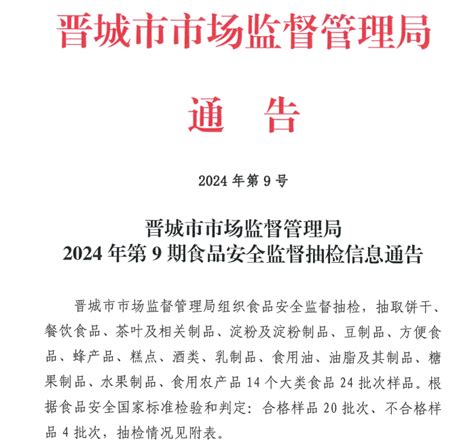 山西省晋城市市场监管局2024年第9期食品安全监督抽检信息通告 中国质量新闻网