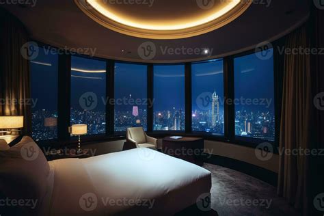 Luxury hotel room at night with a metropolis behind the window created ...