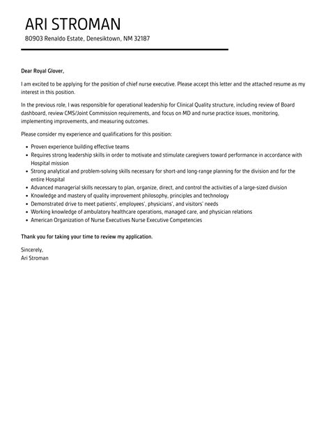 Chief Nurse Executive Cover Letter Velvet Jobs