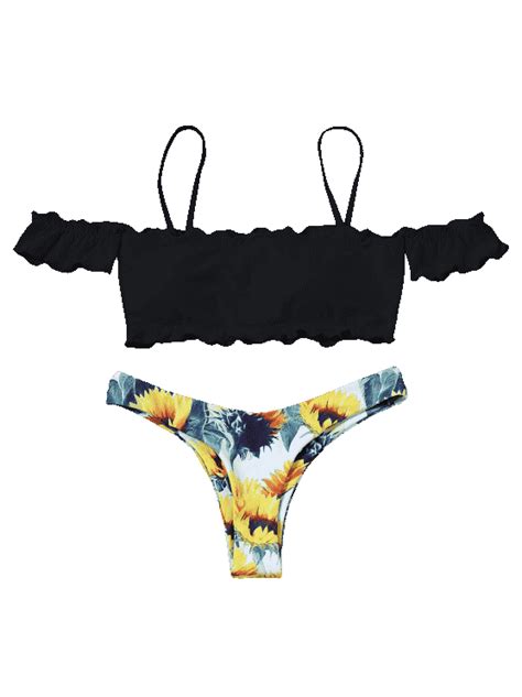 Girasol Fuera Hombro Lechuga Dobladillo Bikini Blanco Beachhappy Swimwear