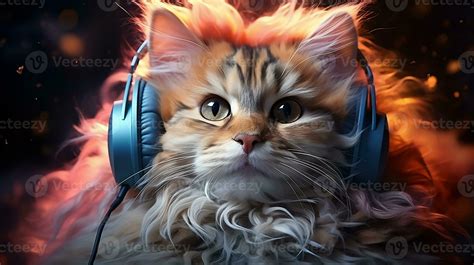 Cute Cat Wearing Headphones Listening To Musicillustration Of Fantasy