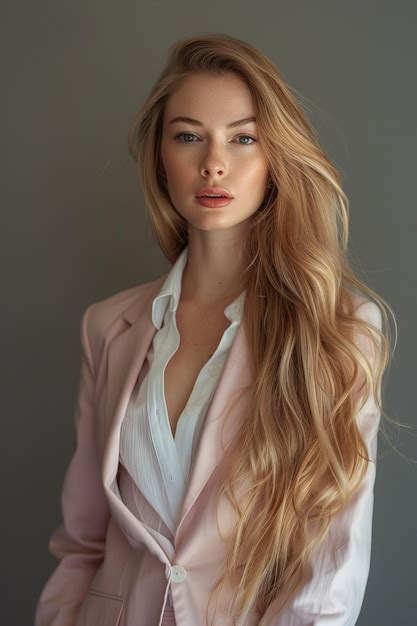 A Beautiful Blonde Woman In A Pink Business Suit Against A White Background Premium AI
