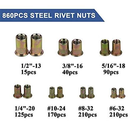 860pcs Rivet Nut Kit Sae Unc Rivet Nuts Assortment Zinc Plated Finish With Case Ebay