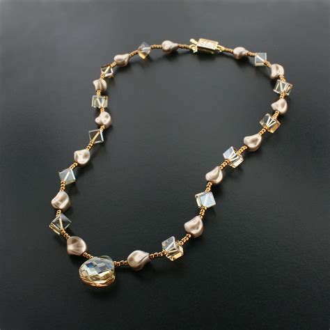 Champagne Necklace With Petal Shaped Drop Amber Crystal Crystal Pearls