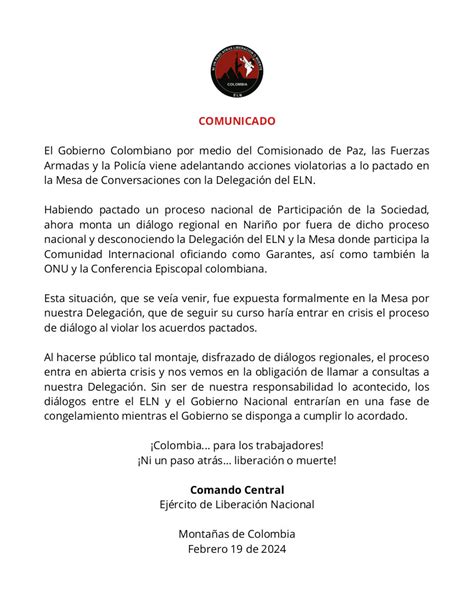 COMUNICADO COMANDO CENTRAL Delegación de diálogos ELN PAZ