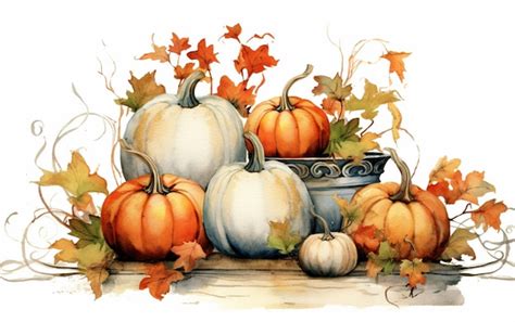 Premium AI Image | A watercolor painting of pumpkins and a bowl of fall ...