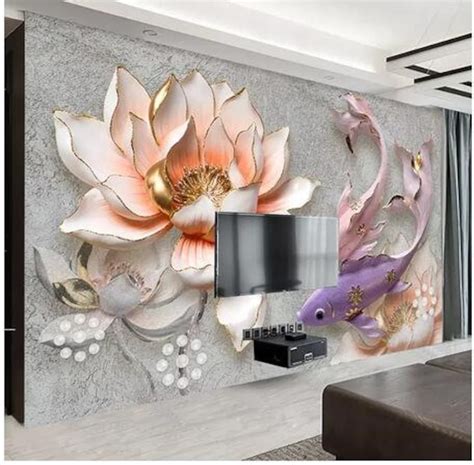 Custom Photo Wallpaper 3D Stereo Embossed Lotus Fish Large Etsy