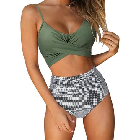 Maillot de bain bikini taille haute push up avec string croisé pour femme A Bleu marine s
