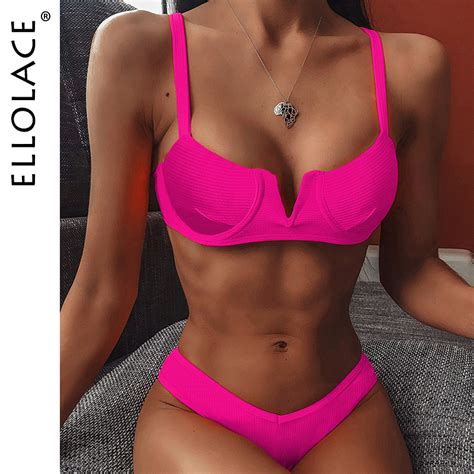 Uaang Ellolace Deep V Bikini Set Women Summer Swimwear Biquini Feminino