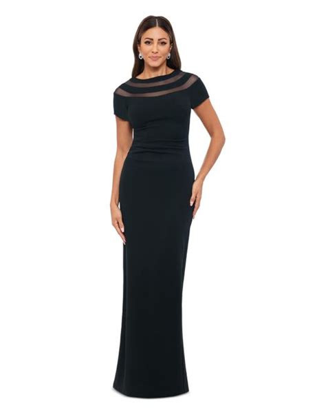 Xscape Illusion Neck Ruched Back Scuba Crepe Gown In Blue Lyst