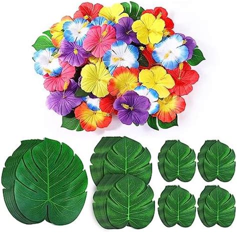 Amazon KUUQA 88 Pcs 20cm 8 Tropical Palm Leaves And Silk Hibiscus