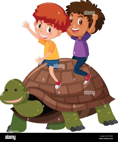 Children Riding A Turtle Illustration Stock Vector Image And Art Alamy