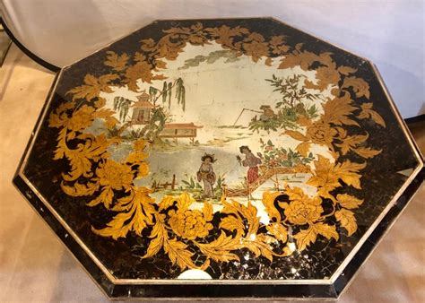 Octagon Chinoiserie Decorated Mirror Top Low Coffee Table With Carved