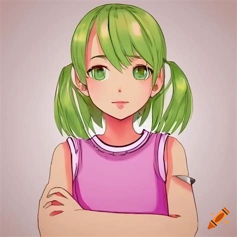 Anime Girl With Blonde Hair And Green Eyes In A Pink Sleeveless T Shirt Arms Crossed On Craiyon