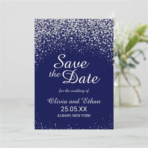 Modern Silver Glitter On Royal Blue Save The Date Zazzle Blue Save