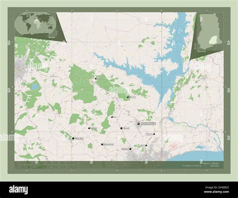 Eastern, region of Ghana. Open Street Map. Locations and names of major ...