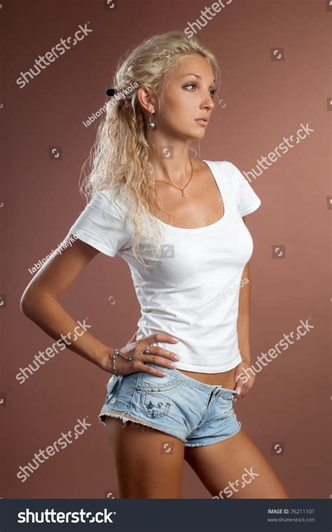 Beautiful Sexual Girl Blonde Short Shorts Stock Photo 76211101 Shutterstock