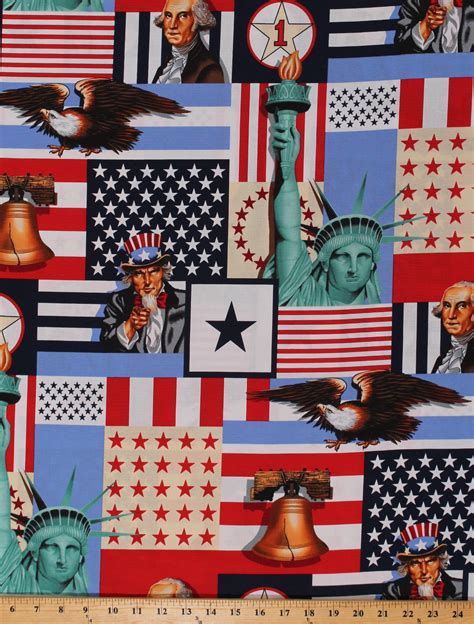 Cotton Independence Day Usa Patriotic Motif American Flags Bald Eagles