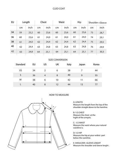 Size Chart Cleo Jacket - ONAR