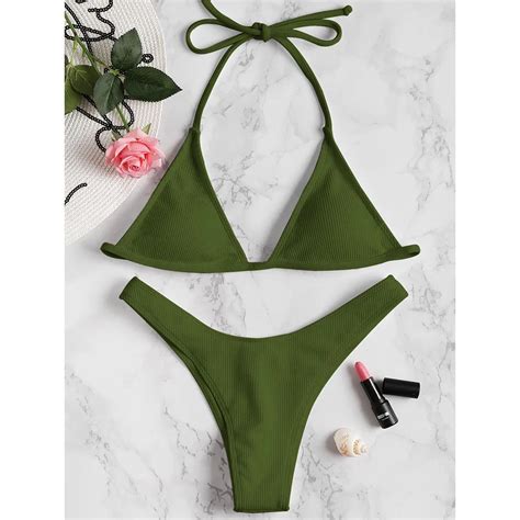 ZAFUL Rib Padded Halter Bikini Set Padded Bikini Sexy Thong Swimsuit