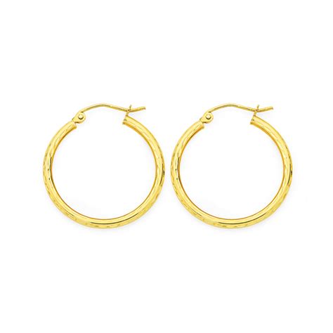 9ct Gold 2x15mm Diamond Cut Hoop Earrings Goldmark Au