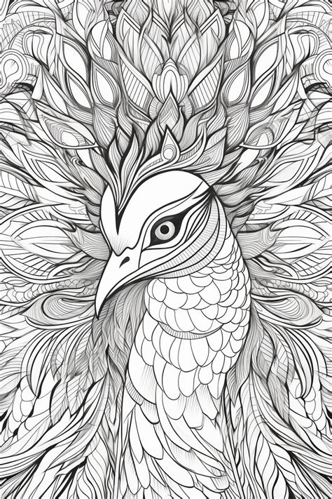 Premium Photo | Black and white drawing of a peacock with feathers.