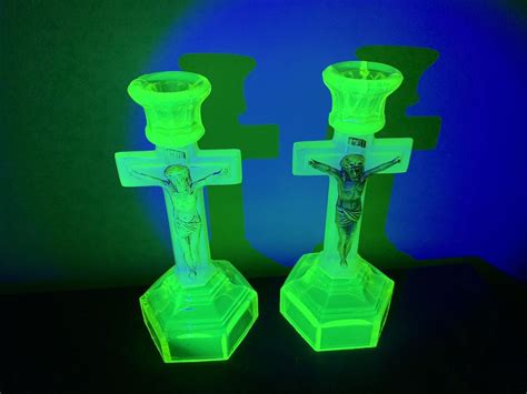 Two Uranium Glass Vaseline Crucifix Candlesticks Jesus Take The Wheel 😇 😇 Ebay