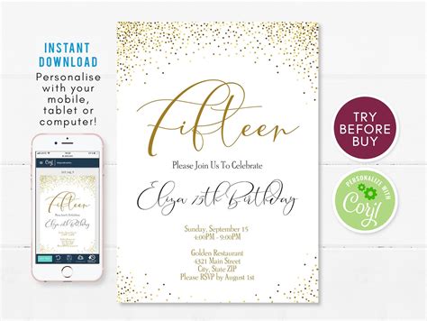 15th Birthday Invitation Template Editable Fifteen Birthday Etsy