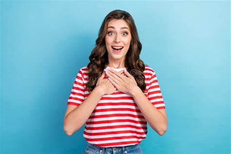 Photo Of Pretty Gorgeous Nice Lady Wear Red Striped T Shirt Touch Chest