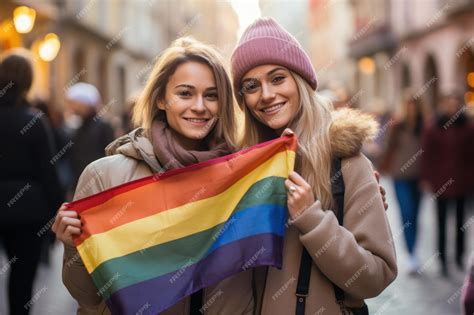 Premium Photo Young Gay Girls Standing Holding Rainbow Flags In Front