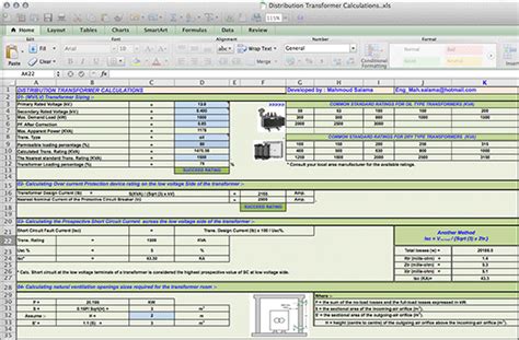 Distribution Transformer Calculations - MS Excel Spreadsheet