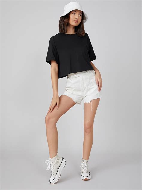 SHEIN BASICS Cotton Drop Shoulder Solid Crop Tee SHEIN USA Cropped