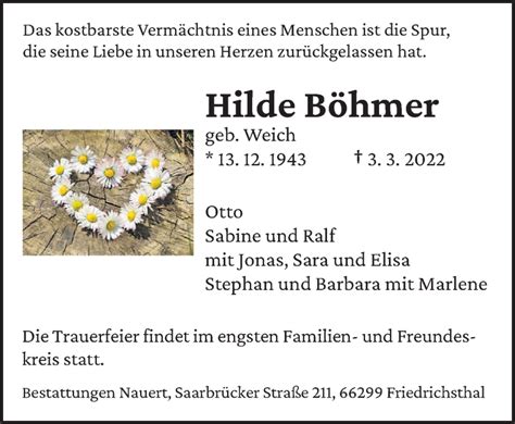 Traueranzeigen Von Hilde B Hmer Saarbruecker Zeitung Trauer De