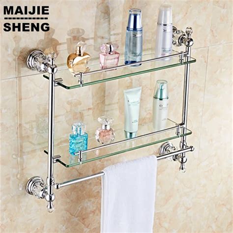 chrome crystal Bathroom shower glass shelf bath shower shelf corner rack gold shower holder ...