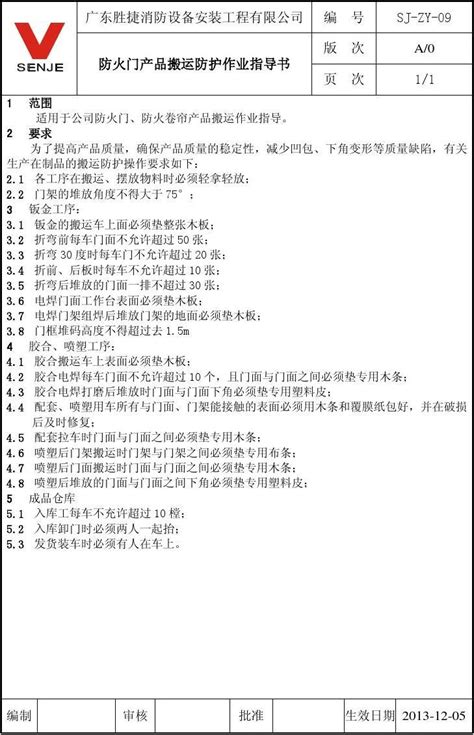 09 防火门产品搬运防护作业指导书word文档在线阅读与下载无忧文档