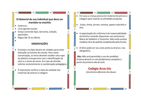 Lista de Material Escolar Colégio Arco íris 2019 INDAGAÇÃO