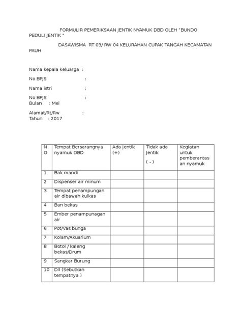 Formulir Pemeriksaan Jentik Nyamuk Dbd Oleh Pdf