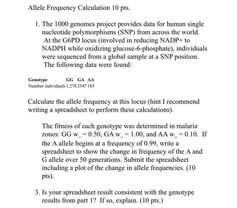 Allele Frequency Calculation 10pts. 1. The 1000 | Chegg.com