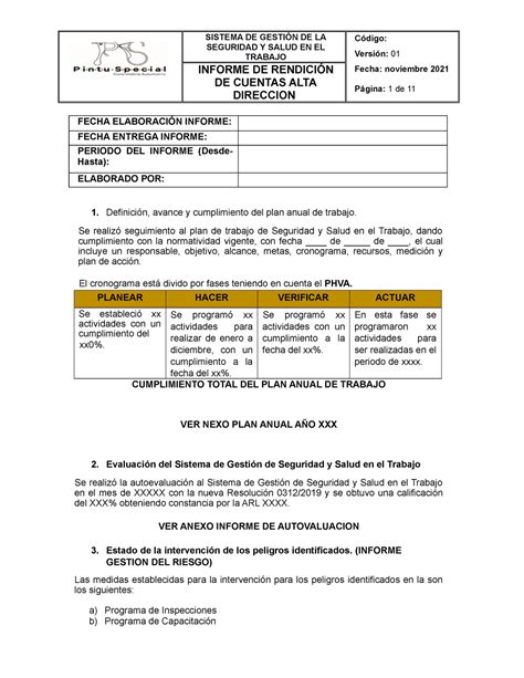 Formato De Rendicion De Cuentas Alta Direccion Seguridad Y Salud En