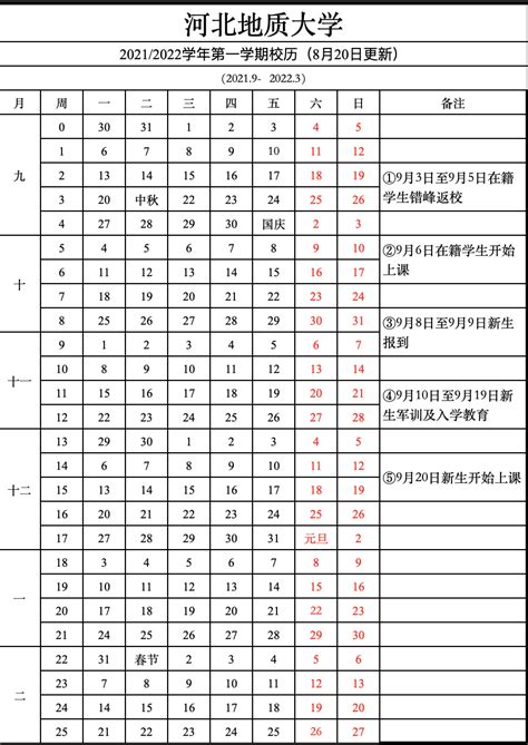 20212022学年第一学期校历 河北地质大学