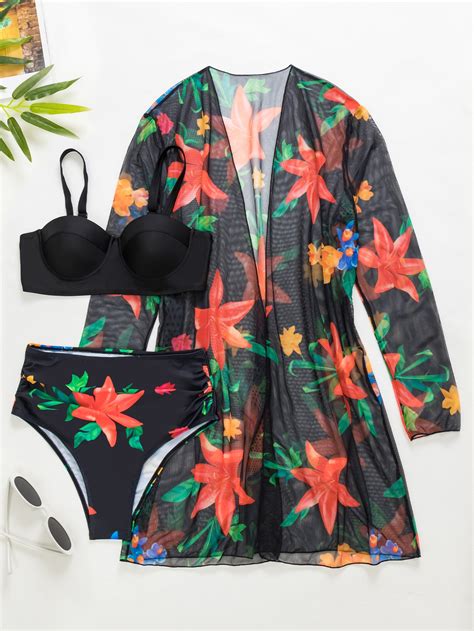 Shein Swim Vcay Random Floral Print Push Up Bikini Swimsuit With Kimono