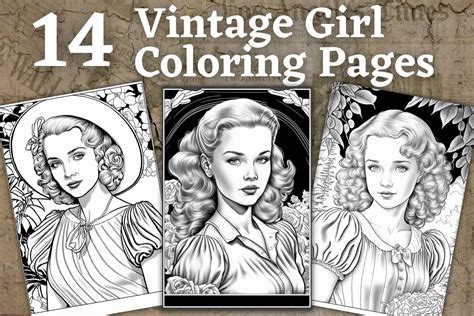 14 Vintage Girl Grayscale Coloring Pages Graphic By Digitalshandmade